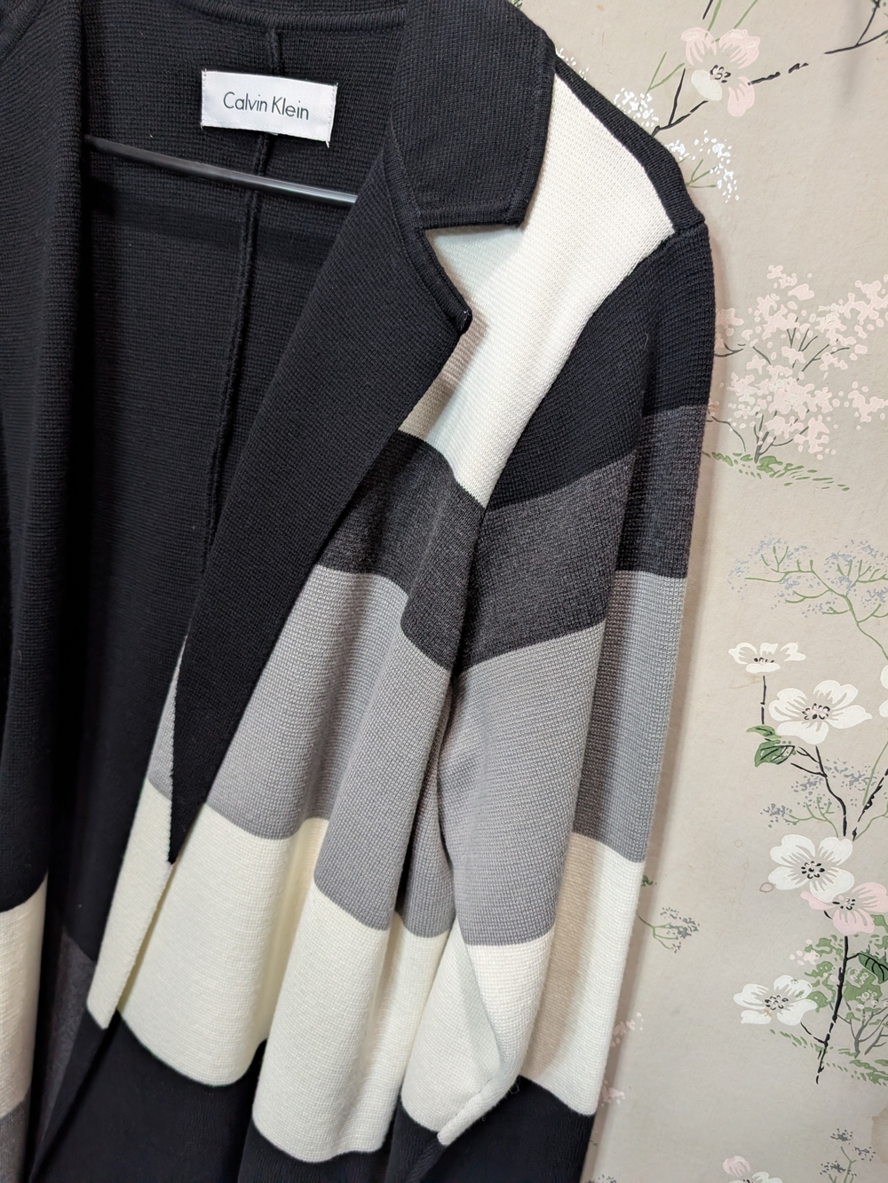 Calvin Klein Black Gray White Long Colorblock Open Cardigan - Picture 3 of 7
